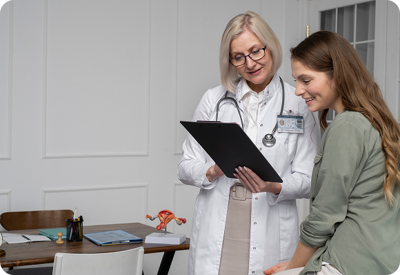 Médica conversando com paciente sorridente no consultório