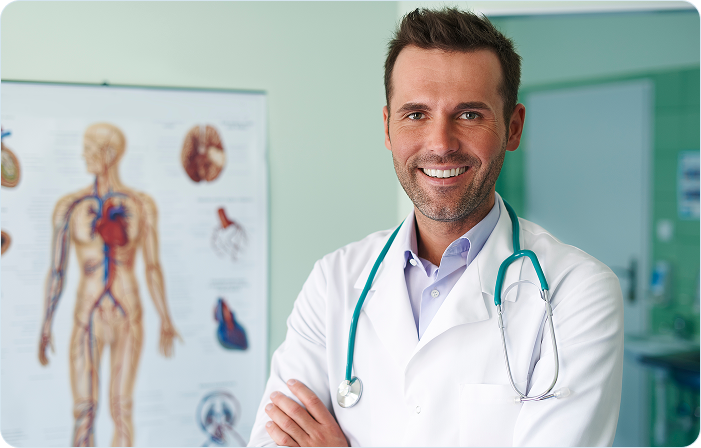 Médico sorrindo no consultório